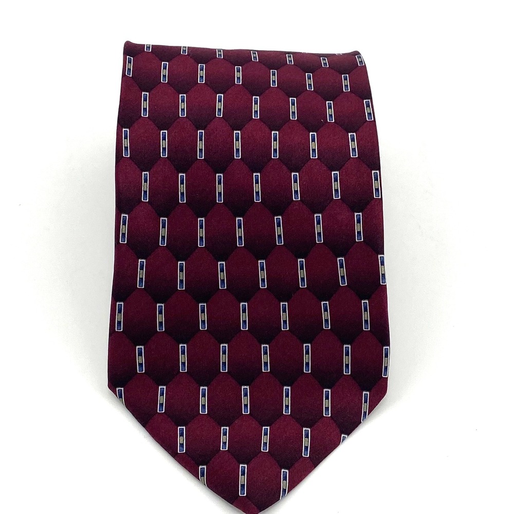 Pronto Uomo Silk LONG Necktie Burgundy Geometric Rectangle Pattern Italy 3.75x60